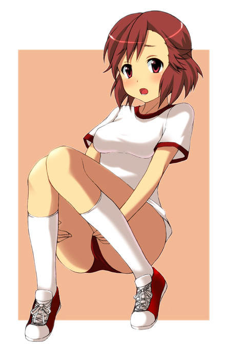 kyoku tou, aoba tsugumi, kannagi, 00s, buruma, gym uniform, kneehighs, red eyes, red hair, shoes, short hair, sneakers, socks, solo