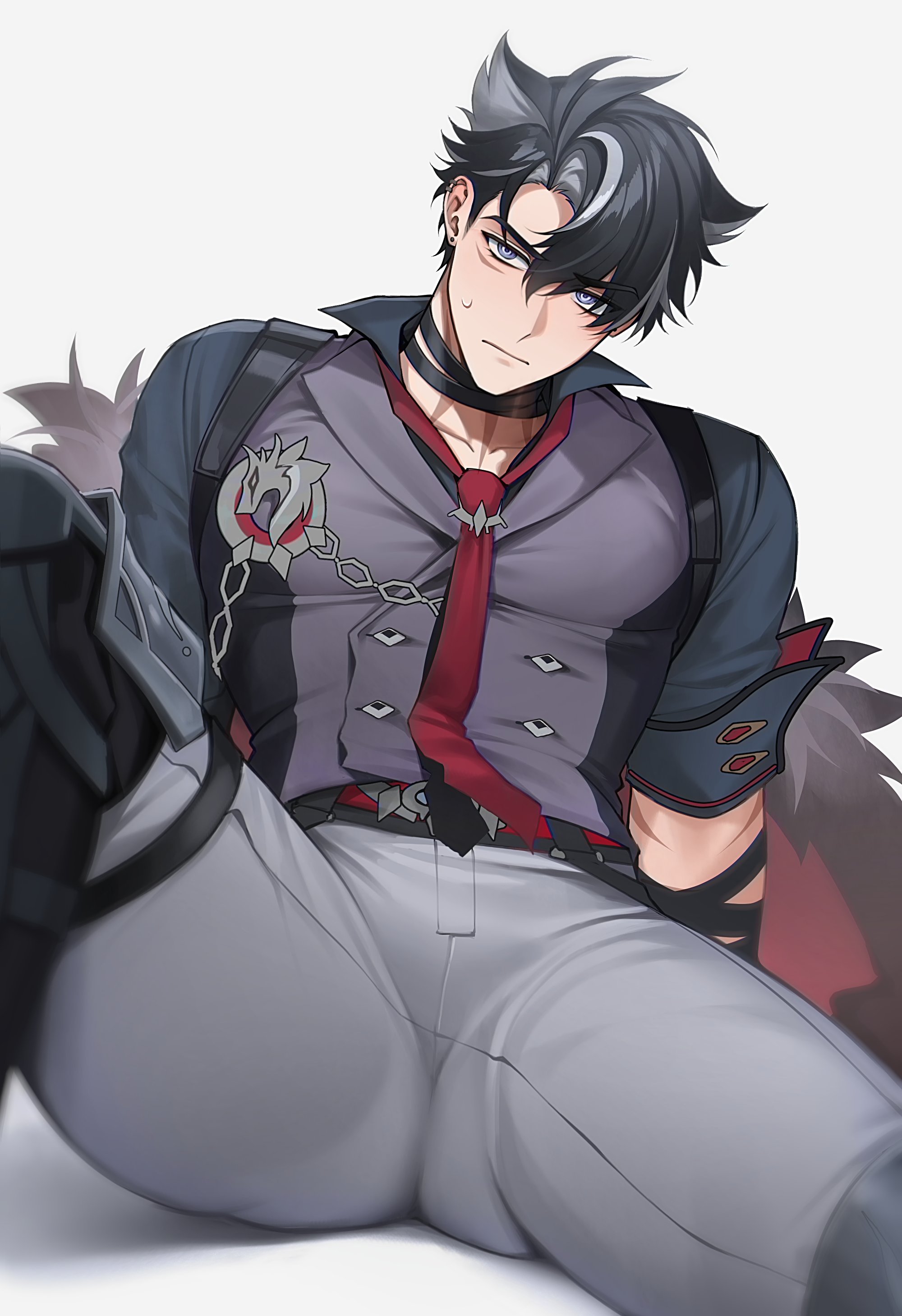 solcha, wriothesley (genshin impact), genshin impact, absurdres, commentary, highres, 1boy, ass, black hair, closed mouth, coat, covered pectorals, earrings, fur-trimmed coat, fur trim, grey hair, grey pants, hair between eyes, invisible floor, jewelry, knee up, light blush, looking at viewer, male focus, multicolored hair, pants, pectorals, scar, scar on neck, short hair, simple background, sitting, solo, streaked hair, thick thighs, thighs, white background