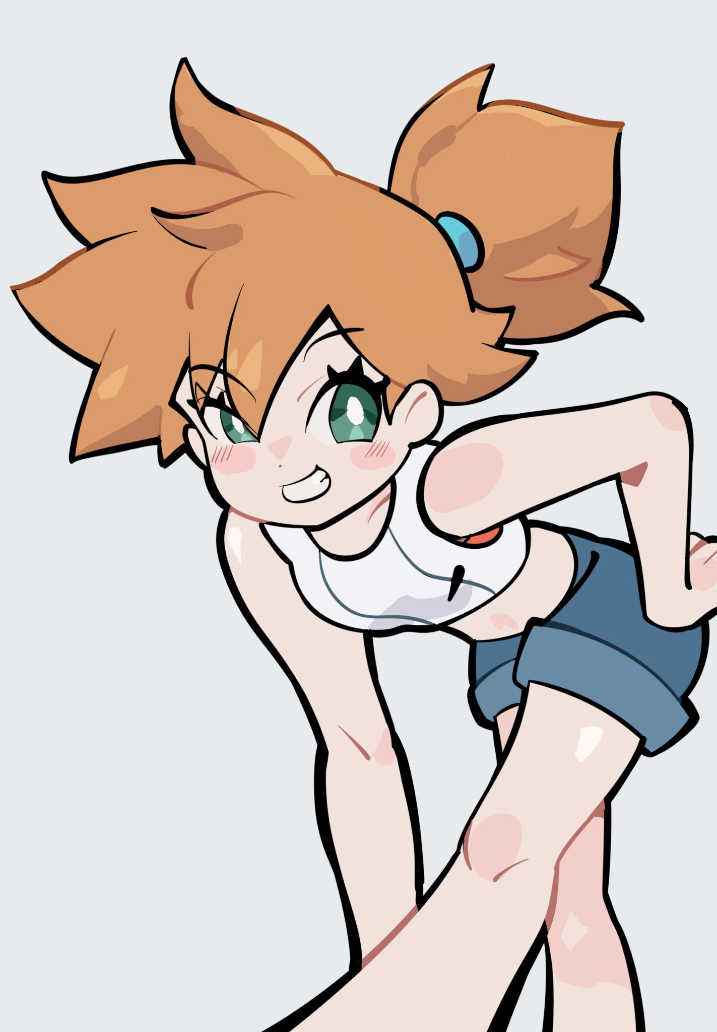 misty (pokemon), nintendo, pokemon, pokemon (anime), pokemon (classic anime), pokemon lgpe, 1girl, bare arms, bent over, blue shorts, blush, blush stickers, breasts, bright pupils, crop top, denim, eyelashes, green eyes, grin, hair tie, hand on own hip, knees, leaning forward, looking at viewer, midriff, orange hair, ponytail, shirt, short hair, short shorts, shorts, side ponytail, sleeveless, sleeveless shirt, smile, solo, teeth, white noize77, white pupils, white shirt