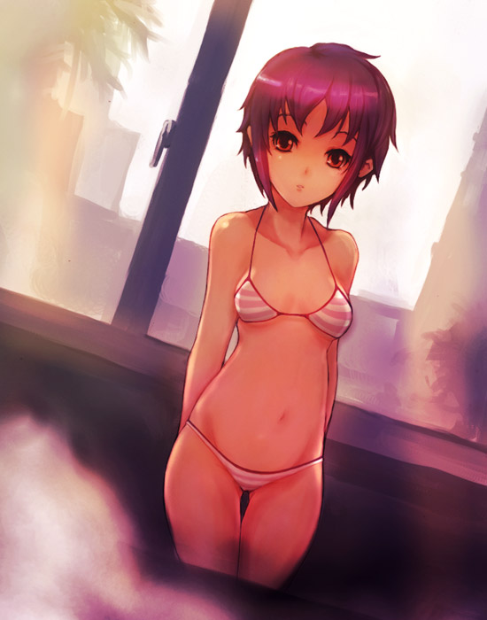 kara (color), nagato yuki, suzumiya haruhi no yuuutsu, 00s, 1girl, bikini, female focus, purple hair, short hair, solo, striped bikini, striped clothes, swimsuit