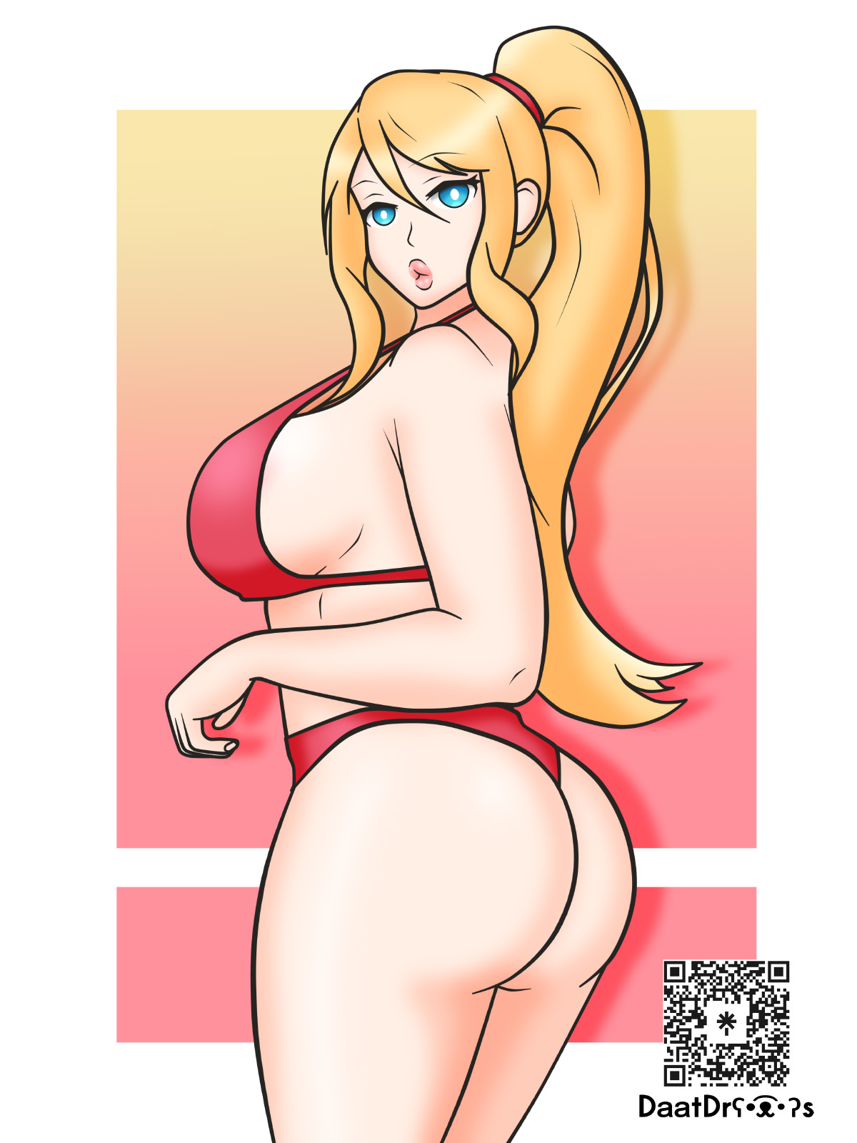 daatdraws, samus aran, metroid, nintendo, 1girl, ass, blonde hair, breasts, large breasts, long hair