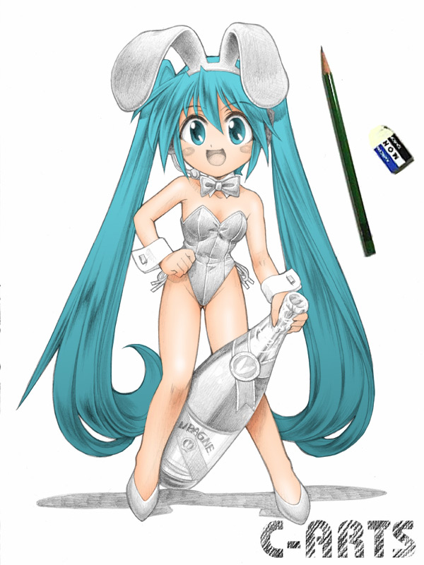 maguta, maguta (c-arts), hatsune miku, tombow mono, vocaloid, 1girl, alcohol, animal ears, aqua eyes, aqua hair, bare legs, bottle, chibi, child, eraser, fake animal ears, female focus, headset, long hair, microphone, pencil, playboy bunny, rabbit ears, solo, twintails, wine, wooden pencil