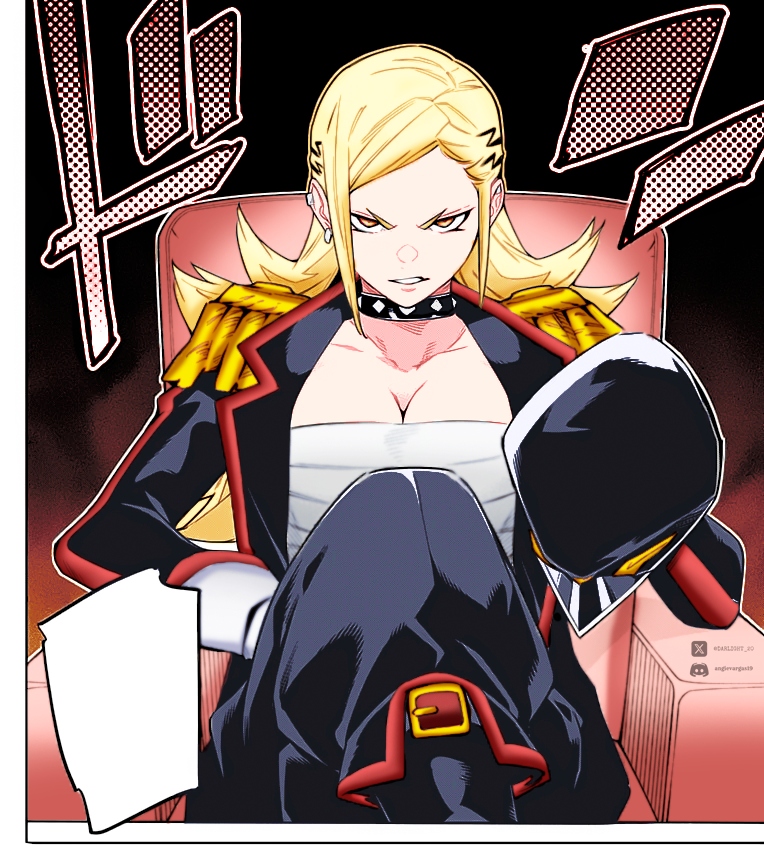 kamiunten mira, mato seihei no slave, colorized, 1girl, blonde hair, breasts, cleavage, collarbone, earrings, jewelry, large breasts, long hair, looking at viewer, solo