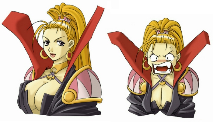 ryoji (nomura ryouji), marjoly, marl kingdom, nippon ichi, puppet princess (marl kingdom), rhapsody, tagme, 1girl, anger vein, angry, blonde hair, blush, breasts, cleavage, earrings, fang, fangs, high ponytail, hoop earrings, jewelry, large breasts, long hair, looking at viewer, no bra, ponytail, revealing clothes, simple background, upper body, white background, witch
