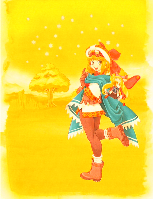 ryoji (nomura ryouji), cornet espoir, kururu (marl kingdom), kururu (rhapsody), marl kingdom, nippon ichi, puppet princess (marl kingdom), official art, 2girls, blonde hair, boots, closed eyes, curly hair, dress, fairy, gloves, goggles, green eyes, happy, hat, instrument, jewelry, long hair, multiple girls, nature, pantyhose, pointy ears, short hair, socks, star (symbol), tree, wings, yellow theme