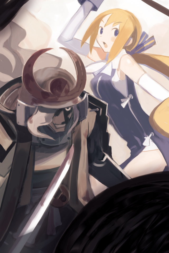 salome (phantom kingdom), seedle, seedle (phantom kingdom), nippon ichi, phantom kingdom, 1boy, 1girl, armor, blonde hair, blue eyes, helmet, japanese armor, kabuto (helmet), katana, mask, ponytail, samurai, sword, weapon, white hair