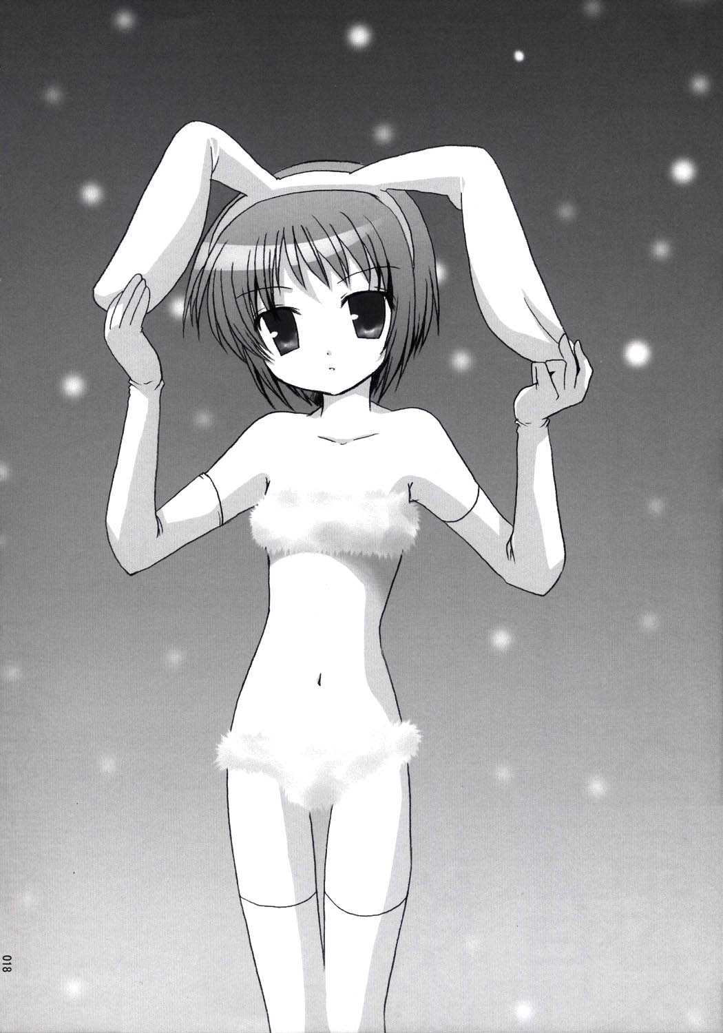 nagato yuki, suzumiya haruhi no yuuutsu, highres, tagme, 00s, animal ears, bikini, elbow gloves, fur bikini, monochrome, rabbit ears, swimsuit, thighhighs