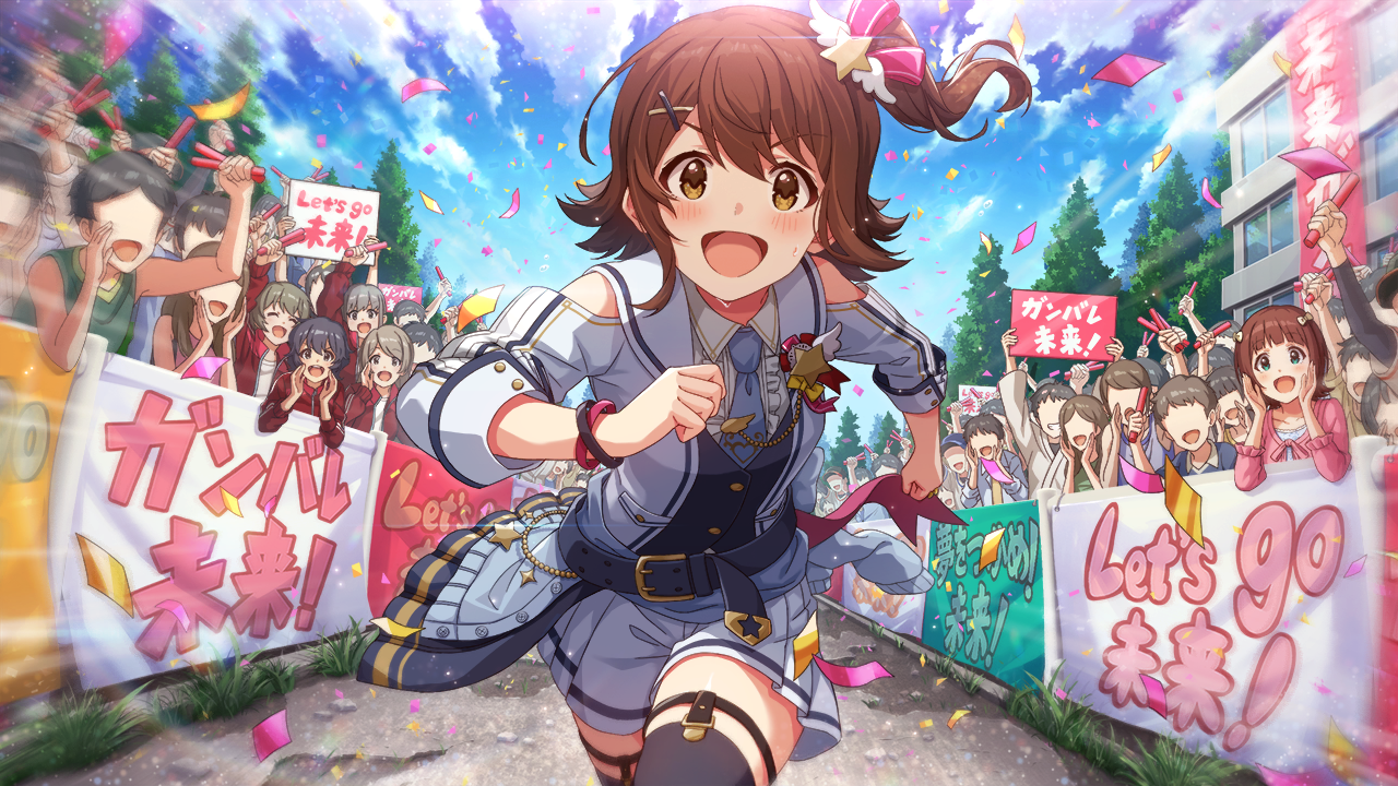 amami haruka, kasuga mirai, idolmaster, idolmaster million live!, idolmaster million live! theater days, commentary request, game cg, official art, third-party source, 2girls, belt, belt buckle, black belt, blue necktie, blush, brown eyes, brown hair, buckle, confetti, crowd, day, hair ornament, holding, holding sign, jacket, looking at viewer, multiple girls, necktie, official alternate costume, one side up, open mouth, outdoors, running, short hair, shorts, sign, smile, solo focus, star (symbol), star hair ornament, thighhighs, x hair ornament