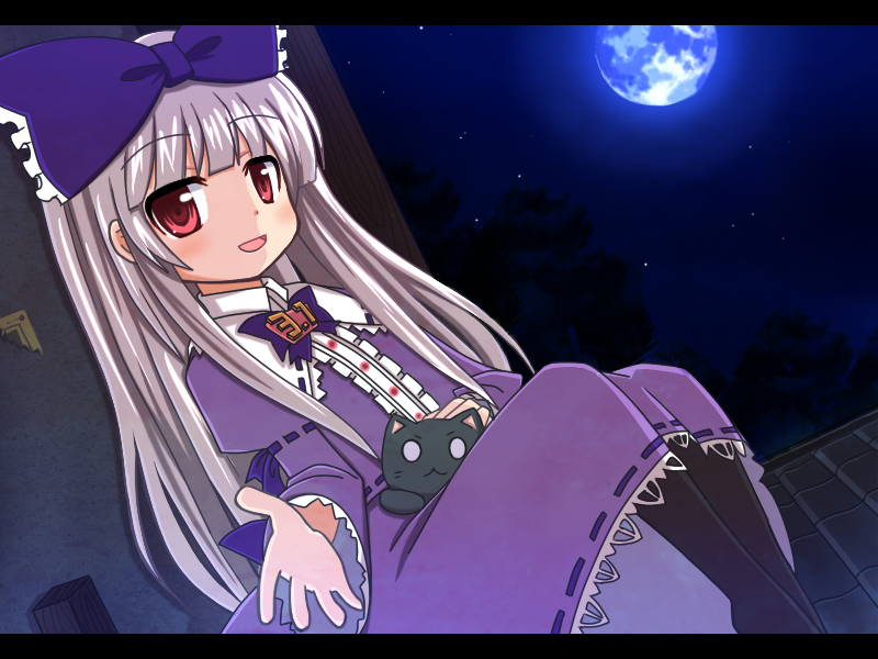 yukinagi, 3.1-tan, os-tan, silver hair, 1girl, bow, cat, child, dress, female focus, frills, letterboxed, lolita fashion, long hair, moon, pantyhose, red eyes, ribbon, sky, smile, solo, star (sky), starry sky