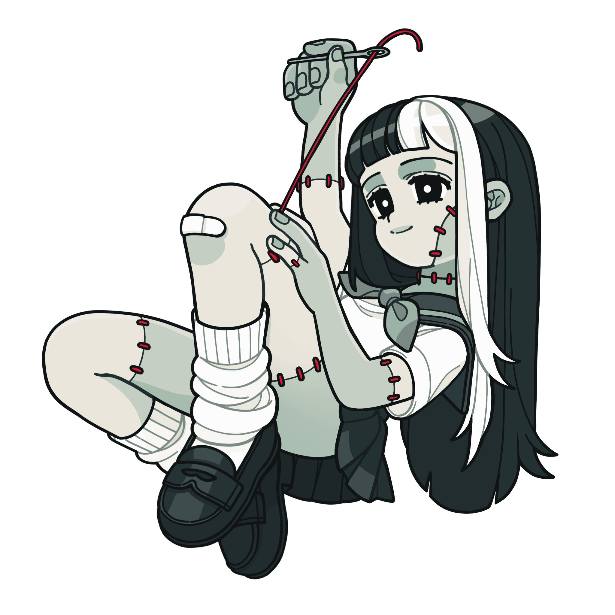 soniastegemann, original, highres, bandaid, bandaid on knee, bandaid on leg, black eyes, black hair, black shoes, blunt bangs, long hair, loose socks, patchwork skin, school uniform, serafuku, shoes, smile, socks, stitched arm, stitched face, stitched leg, stitched neck, stitches, white hair