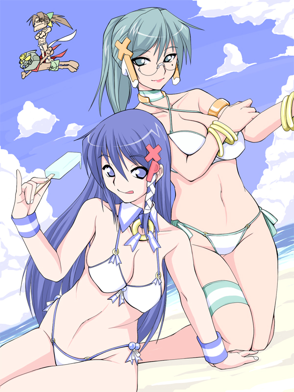 ruriwo (ruriwo1894), homeko, xp-tan, xp home-tan, xphome, os-tan, bad id, bad pixiv id, 2girls, armlet, beach, bikini, blue hair, breasts, cleavage, cloud, day, eating, flying, food, glasses, green hair, highleg, highleg bikini, jewelry, large breasts, mole, mole under eye, multiple girls, outdoors, ponytail, popsicle, sitting, sky, smile, swimsuit, thigh strap