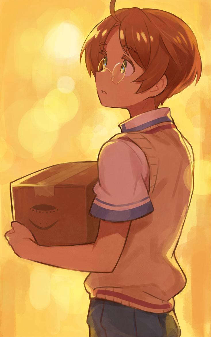 kanyoko (yuzukano 17), jinnai enta, sarazanmai, commentary request, 1boy, ahoge, box, brown sweater vest, cardboard box, green eyes, grey pants, holding, holding box, male focus, pants, parted lips, round eyewear, school uniform, shirt, sweater vest, white shirt, yellow background
