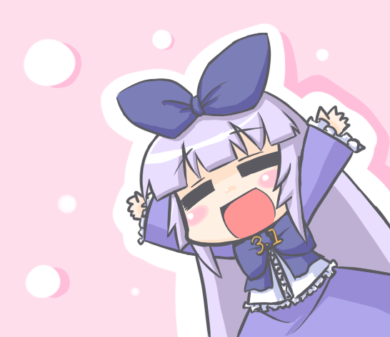 nekoyama, 3.1-tan, os-tan, silver hair, bad id, bad pixiv id, = =, arms up, blush, blush stickers, bow, chibi, happy, ribbon, simple background, solo