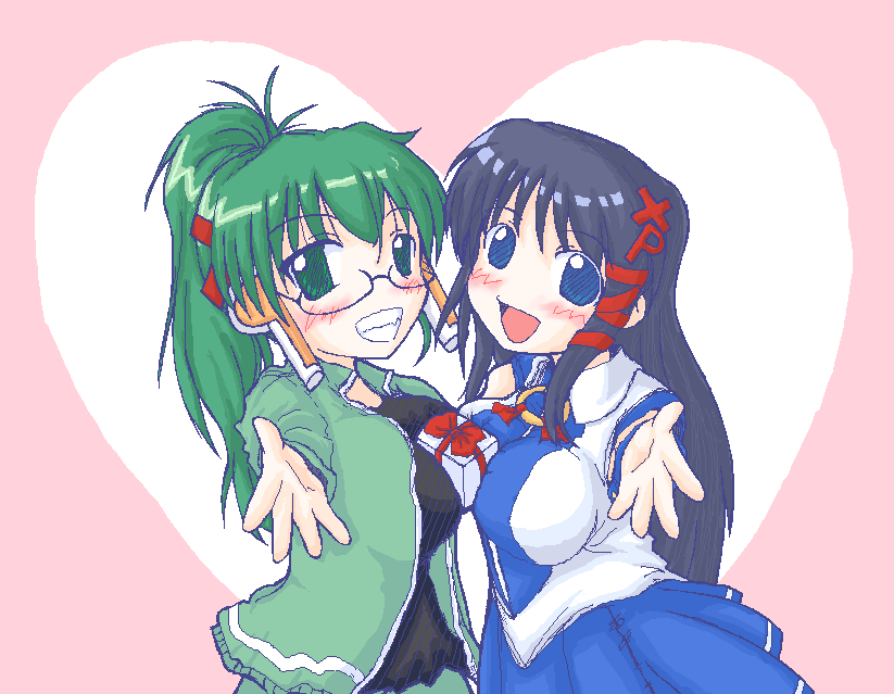furugaku, homeko, xp-tan, xp home-tan, xphome, os-tan, bad id, bad pixiv id, 2girls, between breasts, black hair, blue eyes, blue skirt, blush, breast press, breasts, gift, green eyes, green hair, grin, heart, large breasts, medium breasts, multiple girls, skirt, smile, symmetrical docking