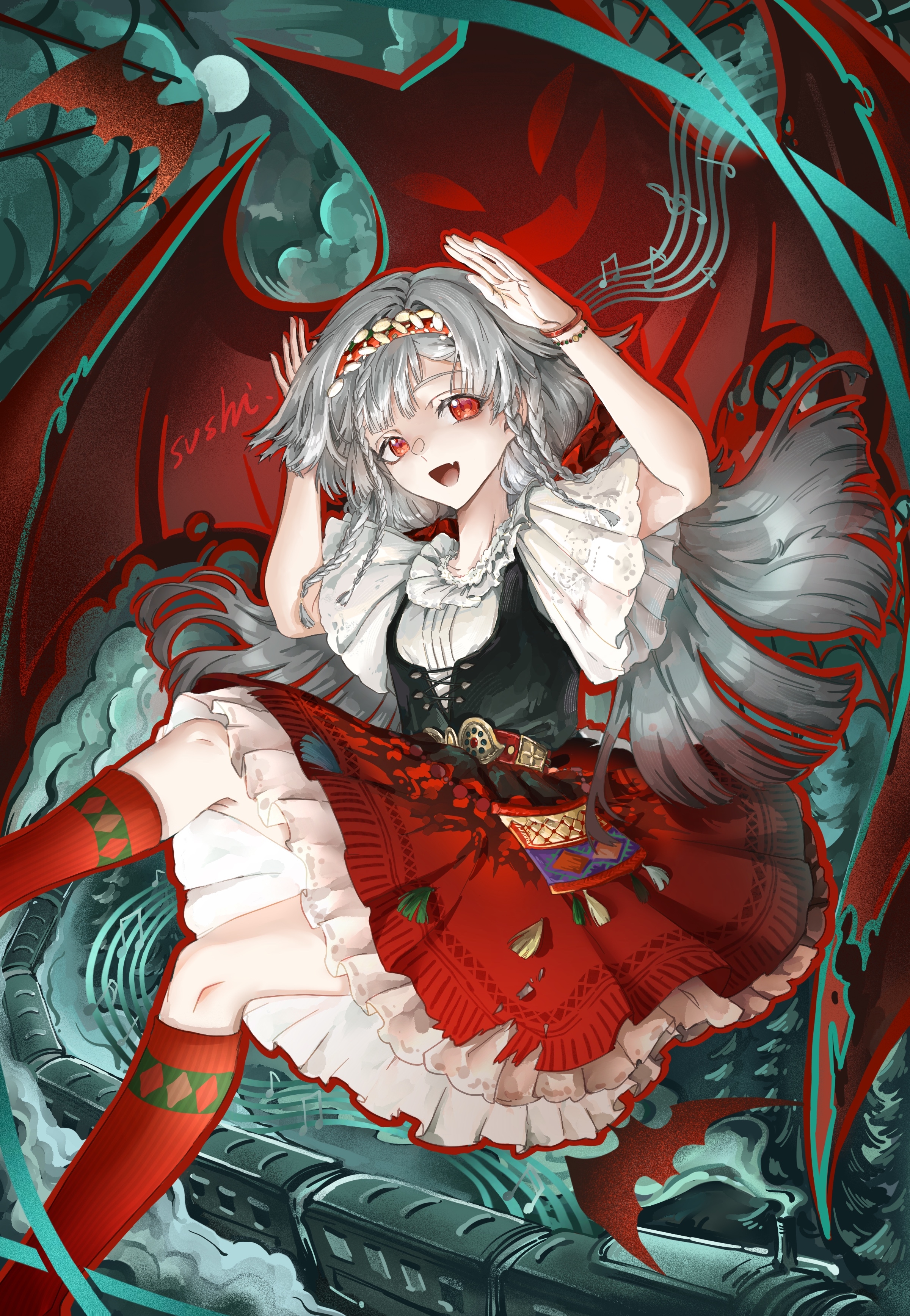 rubuska, reverse:1999, absurdres, highres, 1girl, :d, arms up, bat (animal), beamed eighth notes, black corset, corset, fang, feet out of frame, frilled skirt, frills, full moon, grey hair, hairband, hands up, long hair, looking at viewer, low twintails, miniskirt, moon, musical note, musical staff, night, night sky, open mouth, quarter note, red eyes, red hairband, red skirt, red socks, shirt, short sleeves, sixteenth note, skin fang, skirt, sky, smile, socks, solo, su sushi, train, treble clef, twintails, white shirt