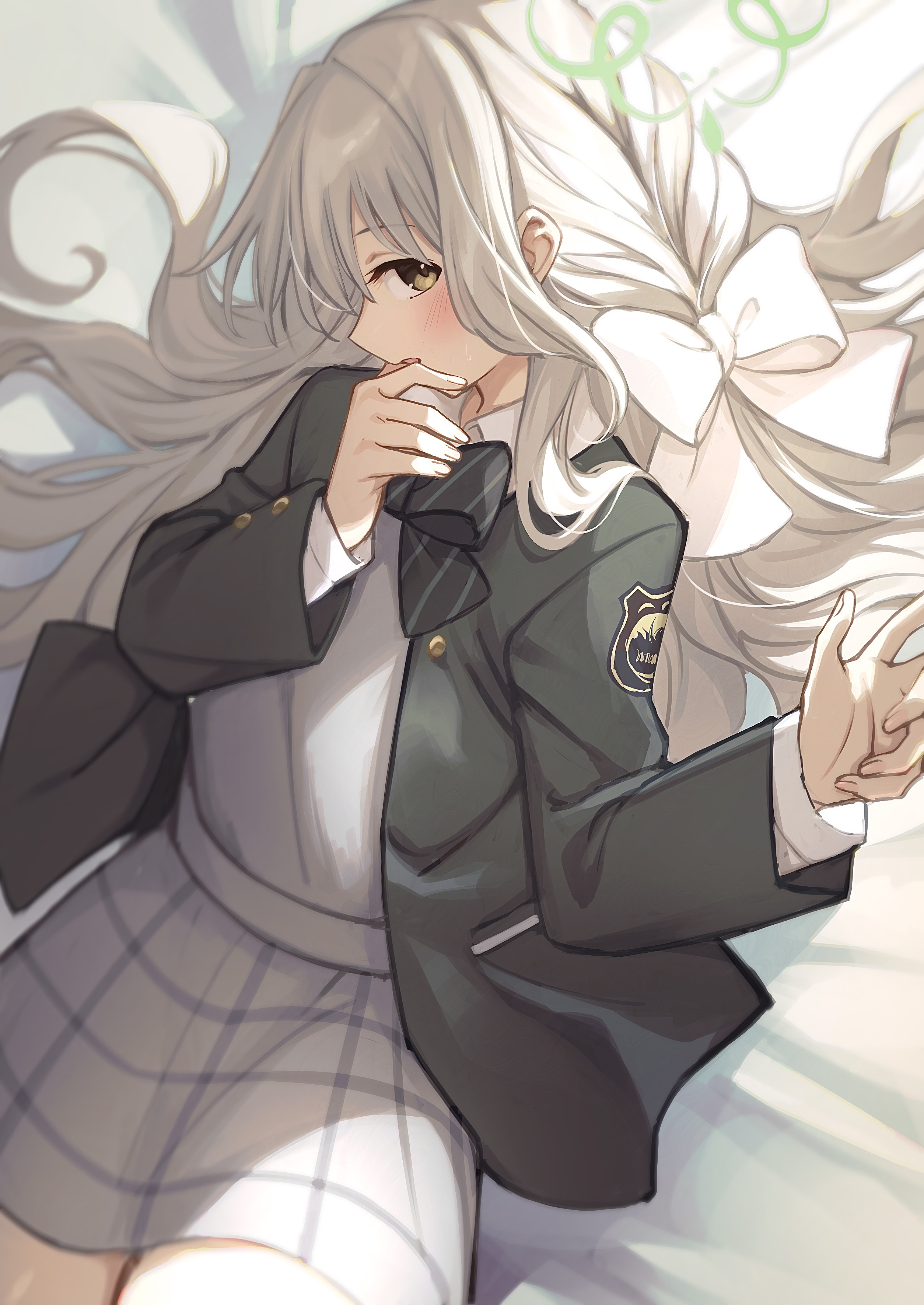 tamago sando, miyo (blue archive), blue archive, absurdres, commentary, highres, 1girl, blush, bow, bowtie, braid, collared shirt, diagonal-striped bow, green halo, green jacket, grey hair, grey skirt, hair bow, hair spread out, halo, jacket, long hair, long sleeves, looking at viewer, lying, on back, open clothes, open jacket, plaid clothes, plaid skirt, school uniform, shirt, skirt, solo, striped bow, white bow, white shirt, yellow eyes