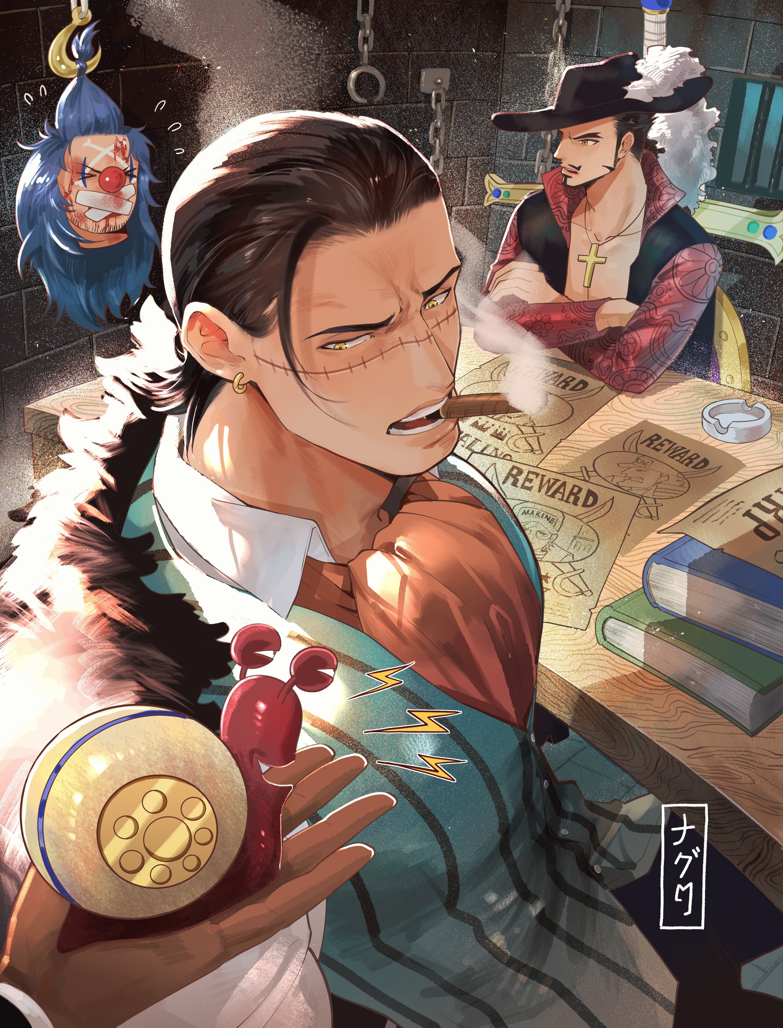 ngumngim, buggy the clown, crocodile (one piece), dracule mihawk, one piece, absurdres, highres, > <, 3boys, ascot, ashtray, bare pectorals, barred window, black hair, black vest, blood, blood on face, blue hair, blue vest, book, chain, cigar, cross, cross necklace, crossed arms, earrings, facial hair, gag, hat, improvised gag, jewelry, male focus, multiple boys, mustache, necklace, orange ascot, pectorals, prison cell, red shirt, shirt, smoking, snail, stitched face, stitches, tape, tape gag, teeth, vest, wanted poster, yellow eyes