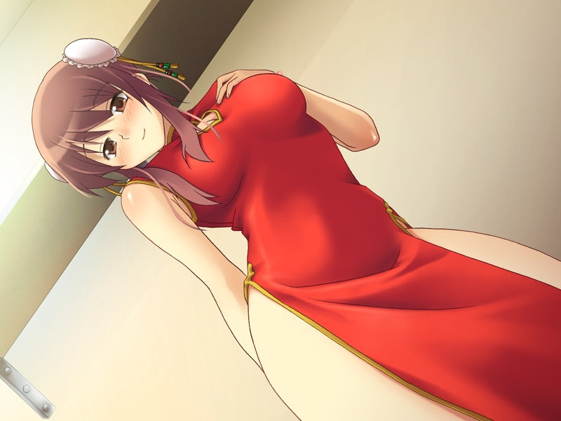 blush, breasts, brown eyes, brown hair, china dress, chinese clothes, cleavage, dress, grabbing another's breast, groping, smile