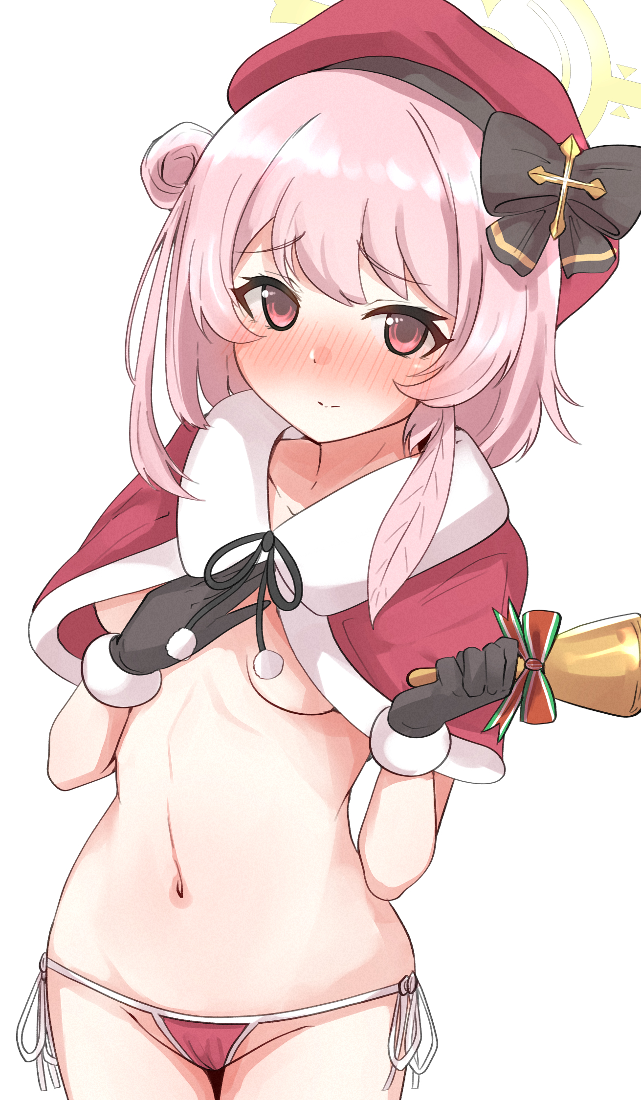 machismo fuji, serina (blue archive), serina (christmas) (blue archive), blue archive, commentary request, highres, 1girl, alternate costume, bell, bikini, bikini bottom only, black gloves, blush, bow, breasts, capelet, closed mouth, cowboy shot, cross, feather hair, fur-trimmed capelet, fur trim, gloves, groin, hair bun, halo, hand on own chest, hat, hat bow, holding, holding bell, looking at viewer, medium hair, navel, nose blush, pink eyes, pink hair, red capelet, red hat, santa bikini, santa costume, side-tie bikini bottom, simple background, single side bun, small breasts, solo, swimsuit, topless female, white background, yellow halo