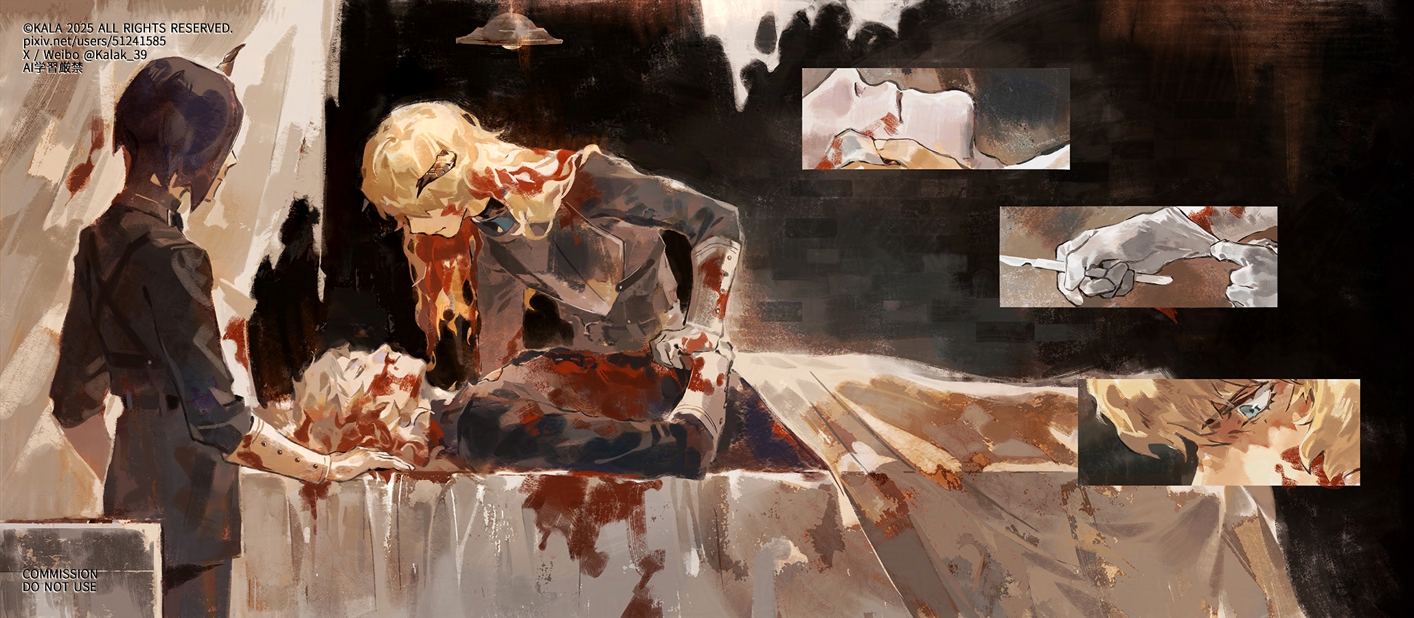kalak 39, louis (metaphor: refantazio), zorba (metaphor: refantazio), metaphor: refantazio, commentary request, commission, highres, 3boys, aged down, armor, belt, black belt, black hair, black pants, black shirt, blonde hair, blood, blood in hair, blood on clothes, blood on face, blue eyes, breastplate, closed eyes, closed mouth, corpse, death, from side, glove pull, gloves, gorget, grey hair, hair between eyes, hair over eyes, holding, holding hands, holding scalpel, horns, long hair, long sleeves, looking at another, lying, male focus, multiple boys, on back, pants, pixiv id, scalpel, shirt, short hair, single horn, sleeve cuffs, standing, torn cloth, turtleneck, turtleneck shirt, twitter username, weibo username, white gloves