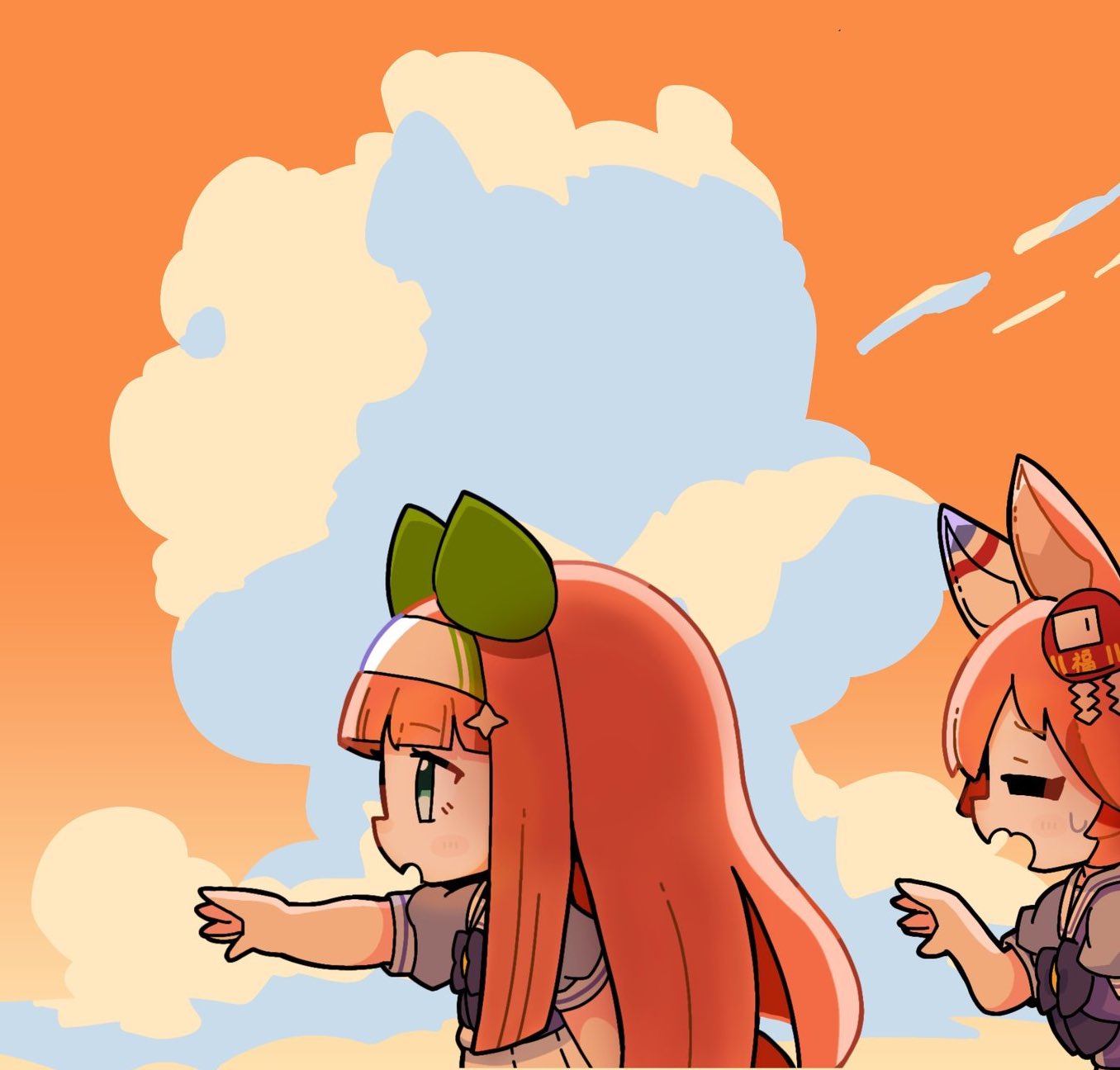 temu (kobaeihuk), matikanefukukitaru (umamusume), silence suzuka (umamusume), umamusume, commentary request, highres, 2girls, animal ears, blunt bangs, bow, bowtie, chibi, closed eyes, cloud, daruma doll hair ornament, ear covers, from side, green eyes, hairband, horse ears, horse girl, long hair, multiple girls, open mouth, orange hair, outstretched arm, profile, school uniform, short sleeves, single ear cover, sky, sunset, sweat, tracen school uniform