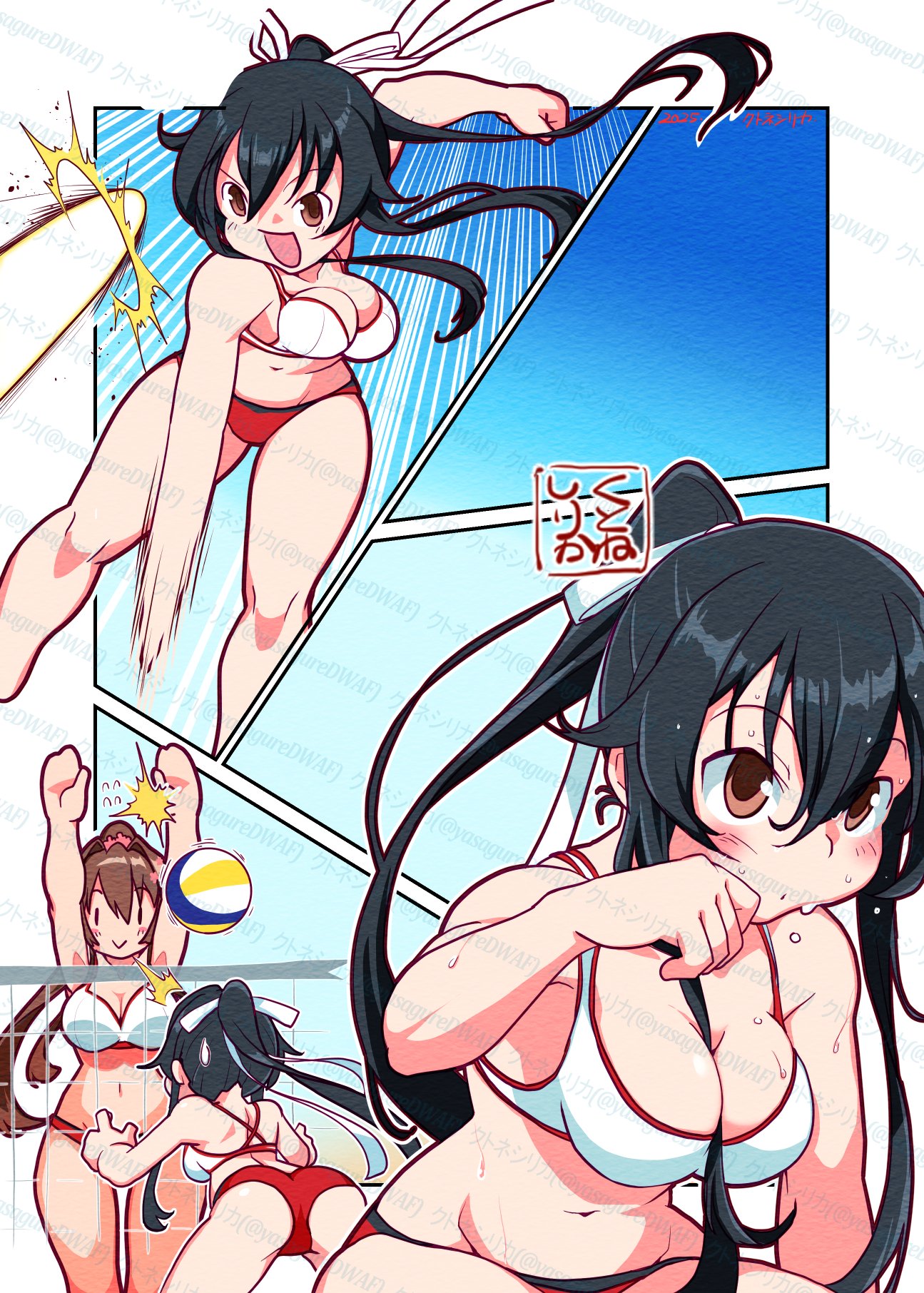 kutone shirika, yahagi (kancolle), yamato (kancolle), yamato (swimsuit) (kancolle), kantai collection, commentary request, highres, 2girls, artist logo, ass, ball, beach volleyball, bikini, black hair, brown hair, full body, jumping, logo, long hair, mismatched bikini, multiple girls, multiple persona, navel, ponytail, red eyes, smile, spiking, swimsuit, volleyball (object), white bikini