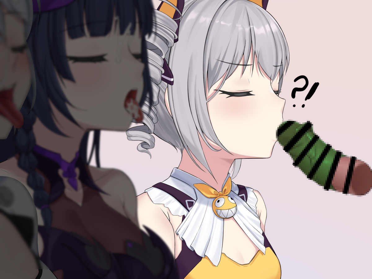 hyunjjing, bronya zaychik, bronya zaychik (yamabuki armor), homu (honkai impact), kiana kaslana, kiana kaslana (white comet), raiden mei, raiden mei (eventide phantom), raiden mei (lightning empress), honkai (series), honkai impact 3rd, commentary request, !?, 1boy, 3girls, :d, bar censor, bare shoulders, blush, bodysuit, bow, breasts, censored, cleavage, cleavage cutout, closed eyes, clothing cutout, condom, disembodied penis, drill hair, fake horns, grey hair, hair bow, halloween costume, hetero, horns, kissing penis, leotard, long hair, mosaic censoring, multiple girls, open mouth, oral invitation, penis, ponytail, purple hair, purple leotard, smile, tongue, tongue out, twin drills, upper body, very long hair, white bodysuit, white hair, yellow bow, yellow leotard