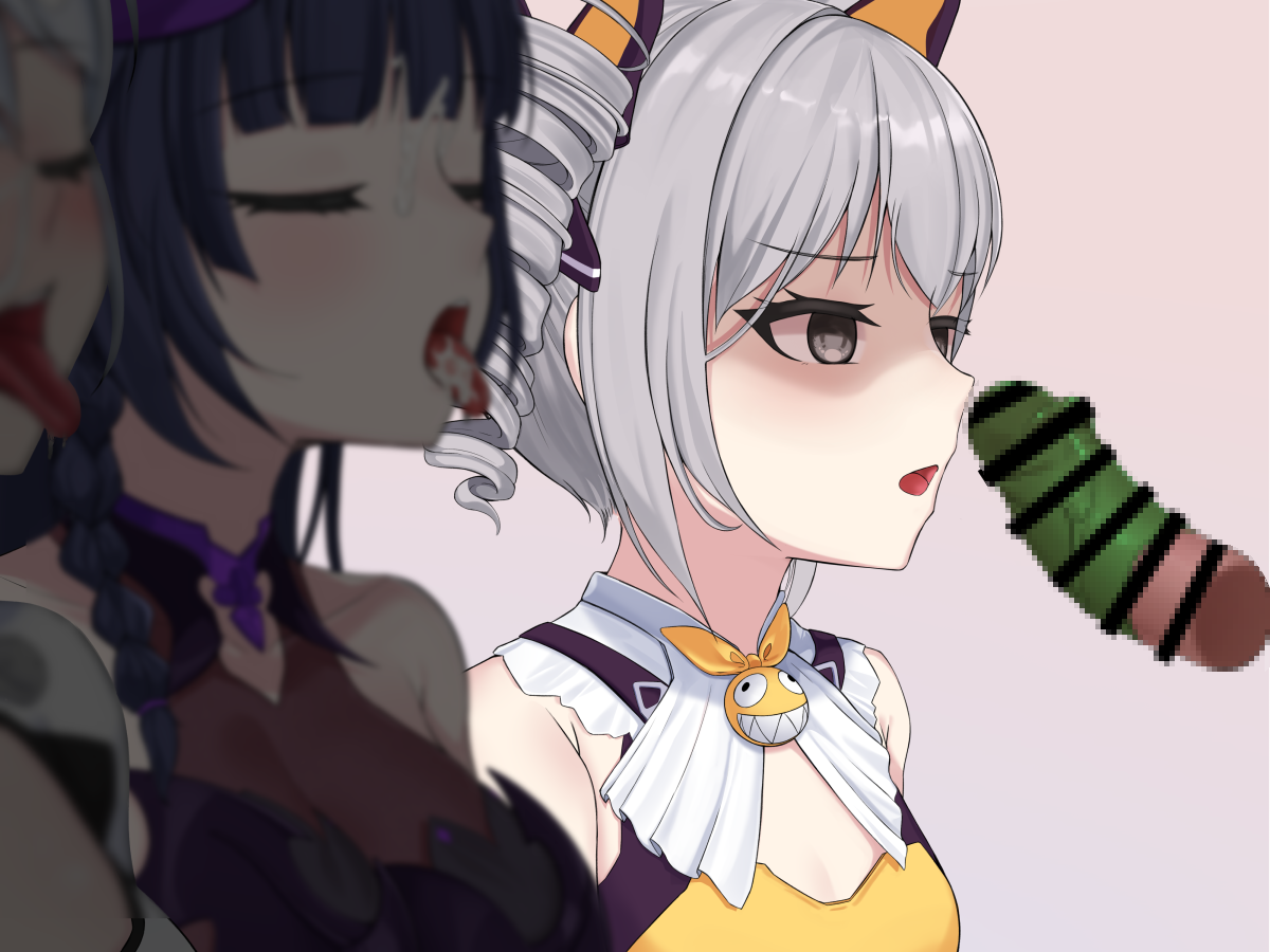 hyunjjing, bronya zaychik, bronya zaychik (yamabuki armor), homu (honkai impact), kiana kaslana, kiana kaslana (white comet), raiden mei, raiden mei (eventide phantom), raiden mei (lightning empress), honkai (series), honkai impact 3rd, commentary request, 1boy, 3girls, :d, bar censor, bare shoulders, blush, bodysuit, bow, breasts, censored, cleavage, cleavage cutout, closed eyes, clothing cutout, condom, disembodied penis, drill hair, fake horns, grey eyes, grey hair, hair bow, halloween costume, hetero, horns, leotard, long hair, looking at penis, mosaic censoring, multiple girls, open mouth, oral invitation, penis, ponytail, purple hair, purple leotard, shaded face, smile, tongue, tongue out, twin drills, upper body, very long hair, white bodysuit, white hair, yellow bow, yellow leotard