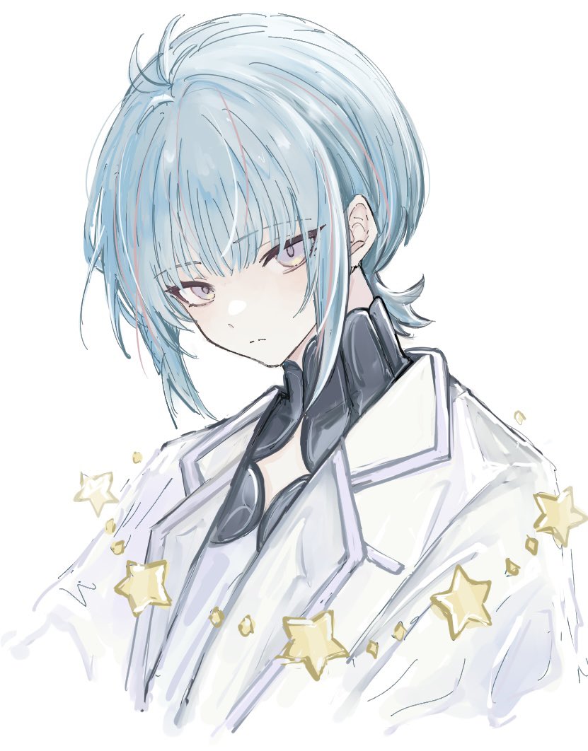 yukimi5daifuku, klarkstella (fragaria memories), fragaria memories, bad id, bad twitter id, 1boy, blue hair, blunt bangs, closed mouth, coat, eyes visible through hair, frown, high collar, lapels, looking at viewer, male focus, multicolored hair, notched lapels, open clothes, open coat, pink hair, purple eyes, shirt, short hair, sidelocks, simple background, solo, star (symbol), streaked hair, two-tone hair, upper body, white background, white coat, white shirt