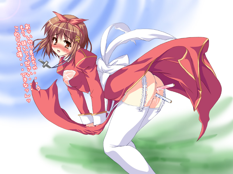 high priest (ragnarok online), ragnarok online, translation request, 1girl, anal, breasts, female focus, large breasts, object insertion, priestess, pussy juice, ribbon, solo, text focus, thighhighs, vaginal