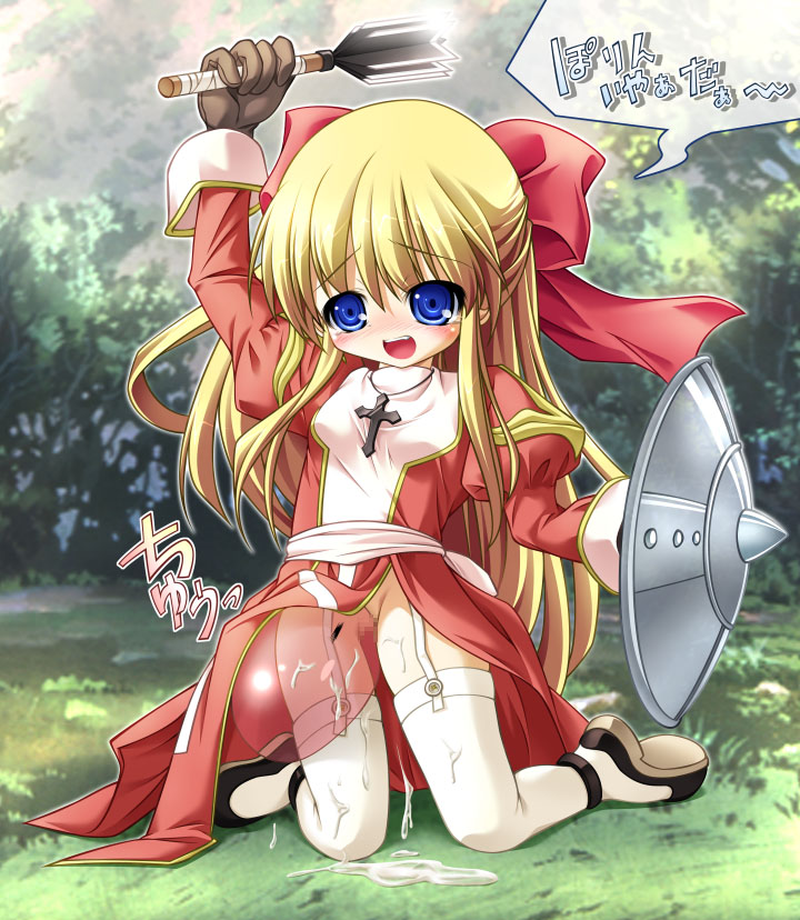 high priest (ragnarok online), poring, ragnarok online, translated, chibi, cross, mace, priestess, pussy juice, shield, solo, thighhighs, weapon