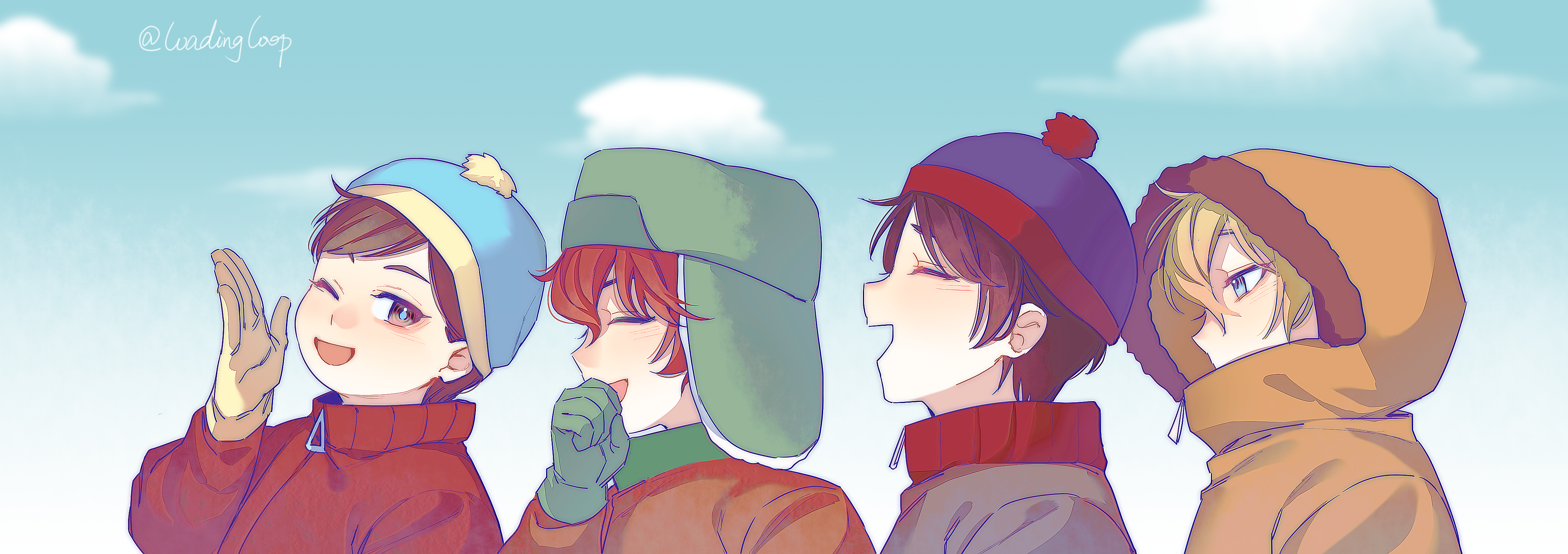 loadingloop, kyle broflovski, south park, absurdres, commentary, english commentary, highres, 4boys, animification, beanie, black hair, blonde hair, blue eyes, brown eyes, brown hair, closed eyes, covered mouth, day, from side, fur-trimmed hood, fur trim, gloves, hand up, hat, hood, hood up, jacket, looking back, male focus, multiple boys, one eye closed, open mouth, orange hair, pom pom (clothes), pom pom beanie, profile, short hair, sky, smile, ushanka
