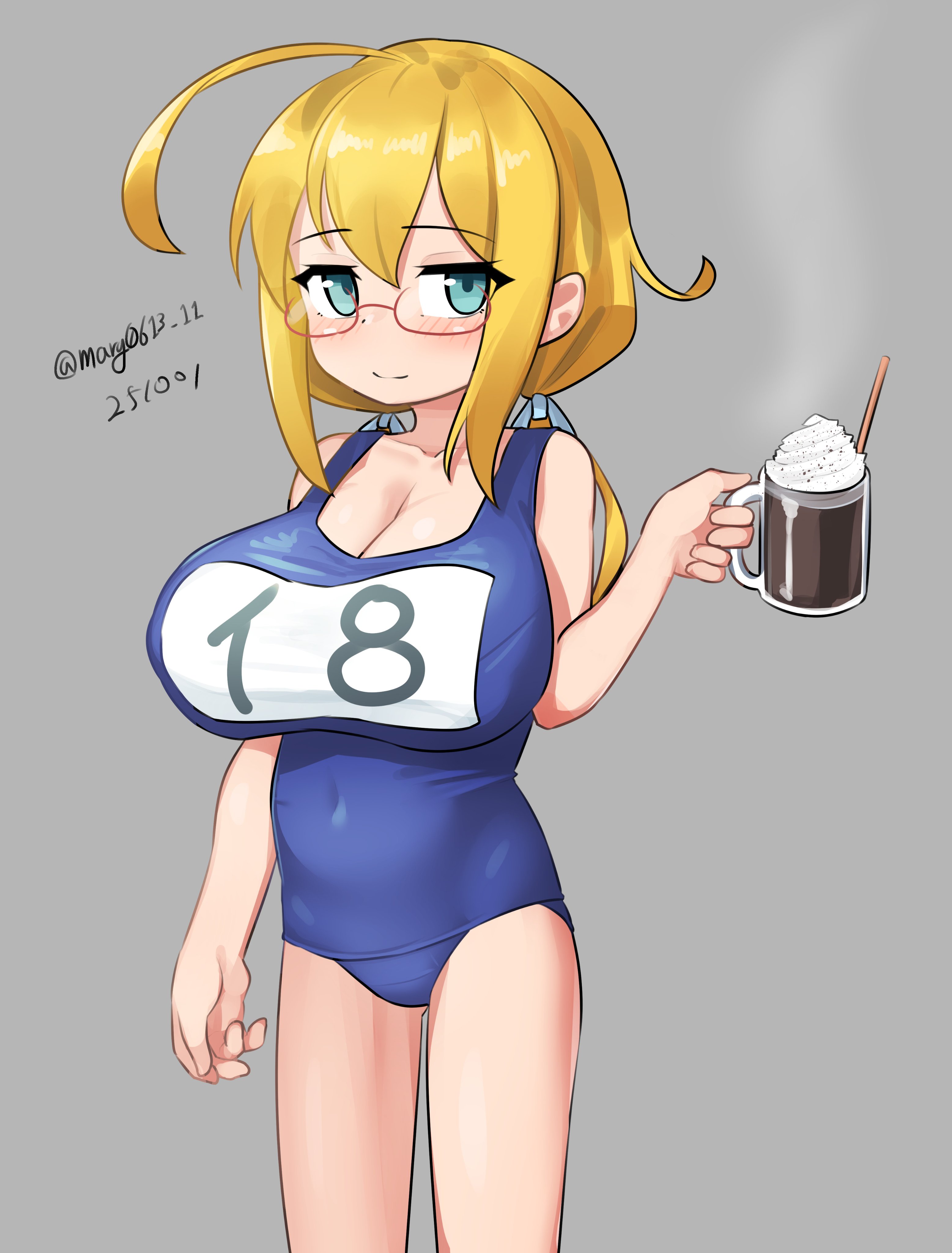 maru (marg0613), i-8 (kancolle), kantai collection, absurdres, highres, 1girl, ahoge, blonde hair, blue eyes, blue one-piece swimsuit, breasts, cleavage, coffee, cup, dated, large breasts, looking at viewer, low twintails, mug, name tag, one-hour drawing challenge, one-piece swimsuit, school swimsuit, simple background, solo, standing, swimsuit, twintails, twitter username, white background