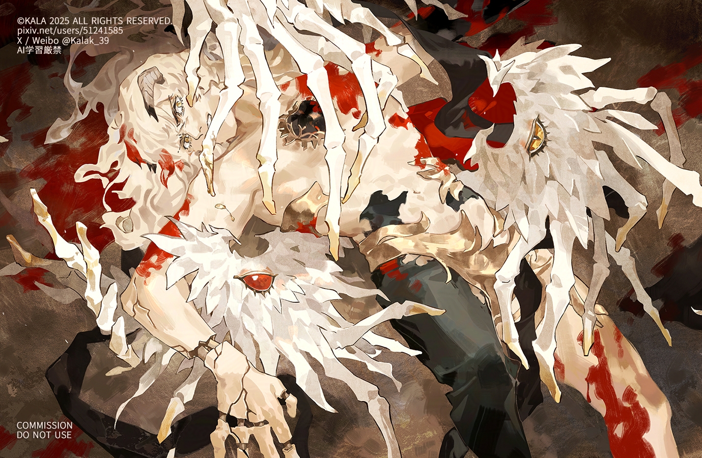 kalak 39, louis (metaphor: refantazio), metaphor: refantazio, commentary request, commission, spoilers, 1boy, asymmetrical clothes, black pants, blonde hair, blood, blood in hair, blood on body, blood on clothes, cracked skin, eyes on wings, feathered wings, glaring, hair between eyes, hair spread out, horns, long hair, looking at viewer, lying, male focus, navel, on back, pants, pixiv id, single pantsleg, solo, toned, toned male, topless male, twitter username, weibo username, white wings, wings, yellow eyes
