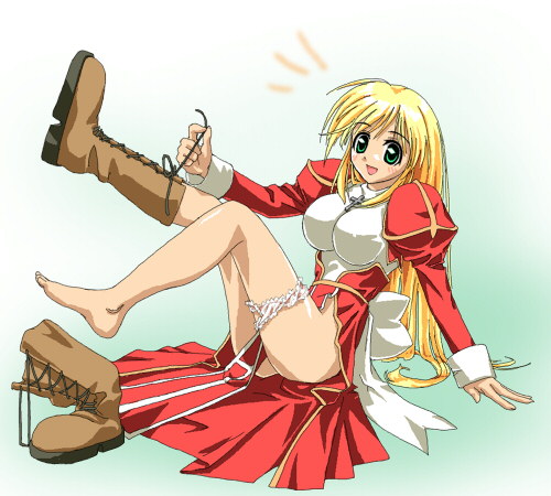 high priest (ragnarok online), ragnarok online, lowres, 1girl, barefoot, blonde hair, boots, brown boots, dress, female focus, frilled thigh strap, priestess, shoes, single shoe, solo, thigh strap, two-tone dress
