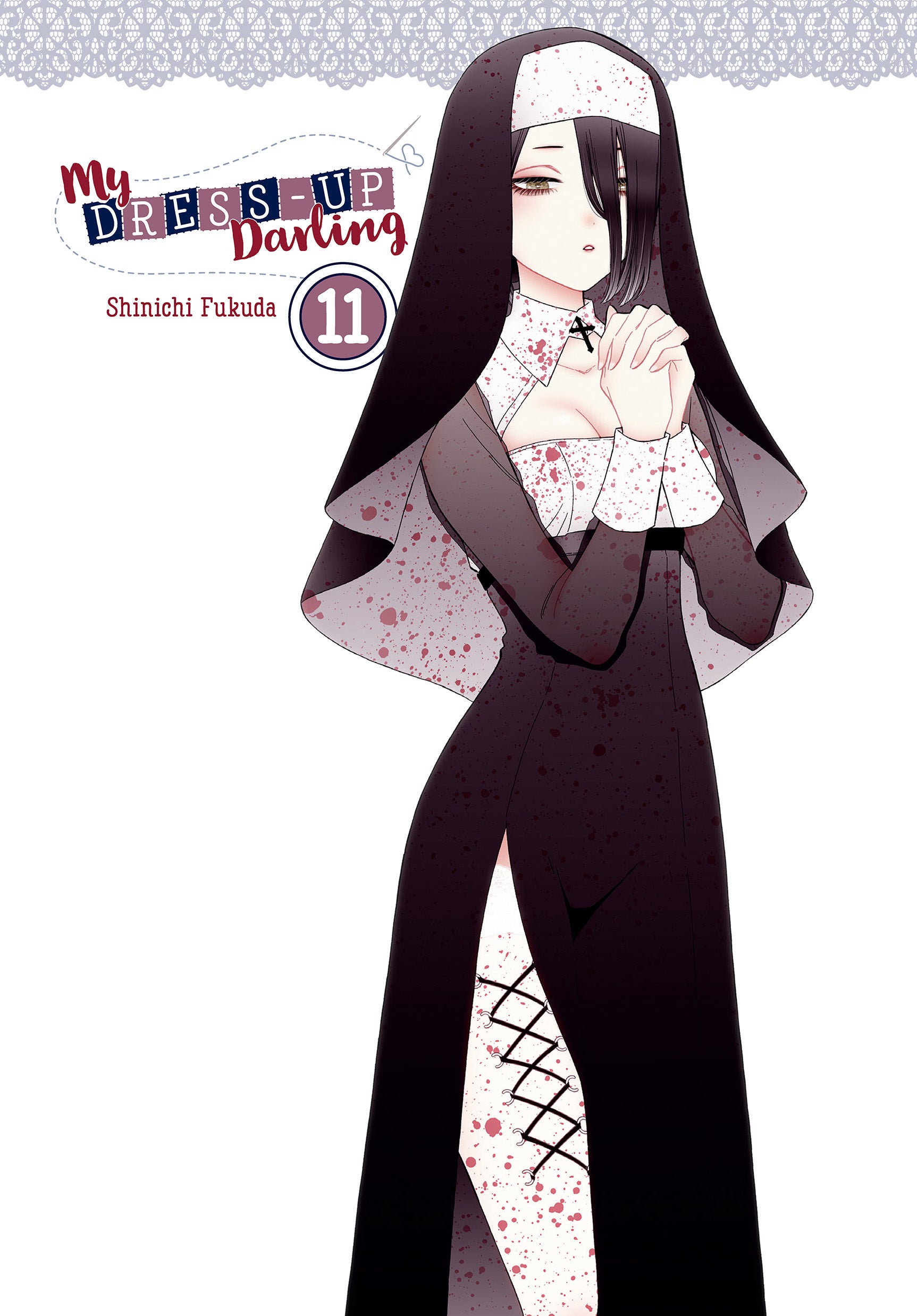 fukuda shinichi, kitagawa marin, sono bisque doll wa koi wo suru, absurdres, highres, official art, 1girl, artist name, black dress, black hair, black veil, blood, blood on clothes, blood splatter, breasts, cleavage, copyright name, cosplay, cross, cross-laced clothes, cuffs, dress, eyelashes, green eyes, hair over one eye, interlocked fingers, large breasts, own hands clasped, own hands together, praying, simple background, sleeve cuffs, solo, thighs, veil, white background