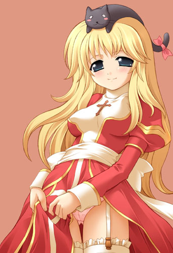 high priest (ragnarok online), ragnarok online, lowres, 1girl, animal, animal on head, blonde hair, cat, cat on head, female focus, garter belt, on head, panties, priestess, solo, thighhighs, underwear