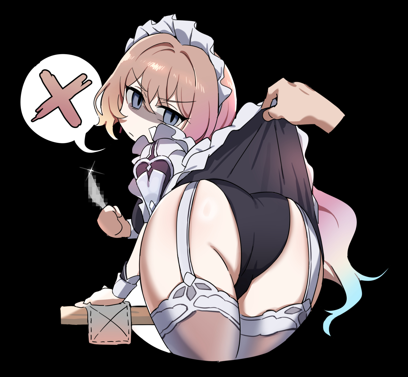 saki (remainaddd), lantern (at your service) (honkai impact), lantern (honkai impact), honkai (series), honkai impact 3rd, highres, 1girl, 1other, alternate costume, angry, apron, ass, ass focus, black background, black dress, brown hair, brown pantyhose, censored, closed mouth, clothes lift, dress, enmaided, grey eyes, holding, holding knife, knife, long hair, looking at viewer, looking back, maid, maid apron, maid headdress, mosaic censoring, pantyhose, scowl, simple background, skirt, skirt lift, solo focus, spoken red cross, v-shaped eyebrows, wrist cuffs