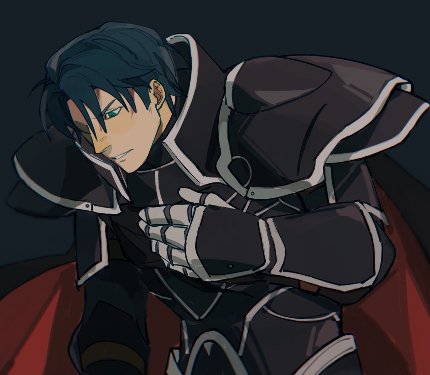 shuai da, zelgius (fire emblem), zelgius (jet-black general) (fire emblem), fire emblem, fire emblem: radiant dawn, nintendo, highres, spoilers, 1boy, armor, black armor, cape, full armor, green eyes, hand on own chest, male focus, parted lips, short hair, solo, two-sided cape, two-sided fabric