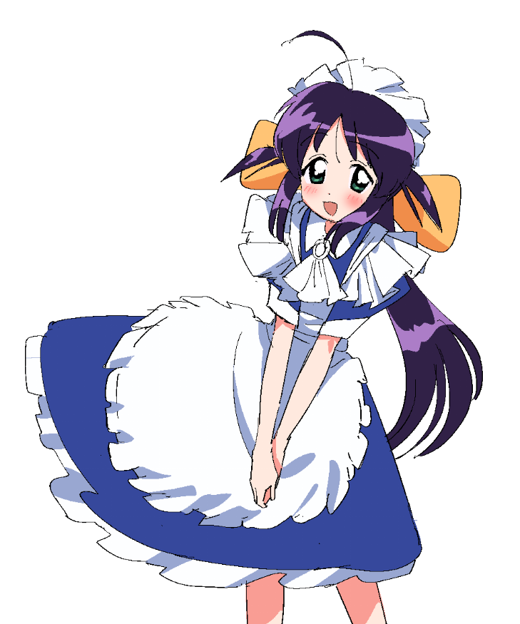 ddasang, andou mahoro, mahoromatic, 1girl, ahoge, apron, blush, bow, dress, frilled dress, frills, green eyes, hair bow, long hair, looking at viewer, maid, maid headdress, open mouth, own hands together, purple hair, short sleeves, smile, solo, two side up, very long hair