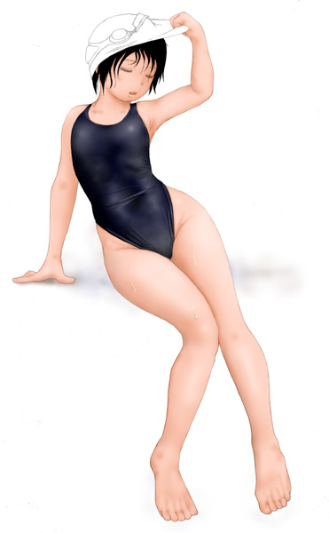 natsu no yudoufu, original, 1girl, barefoot, black hair, closed eyes, competition swimsuit, feet, female focus, flat chest, goggles, highleg, highleg one-piece swimsuit, one-piece swimsuit, short hair, solo, swim cap, swimsuit