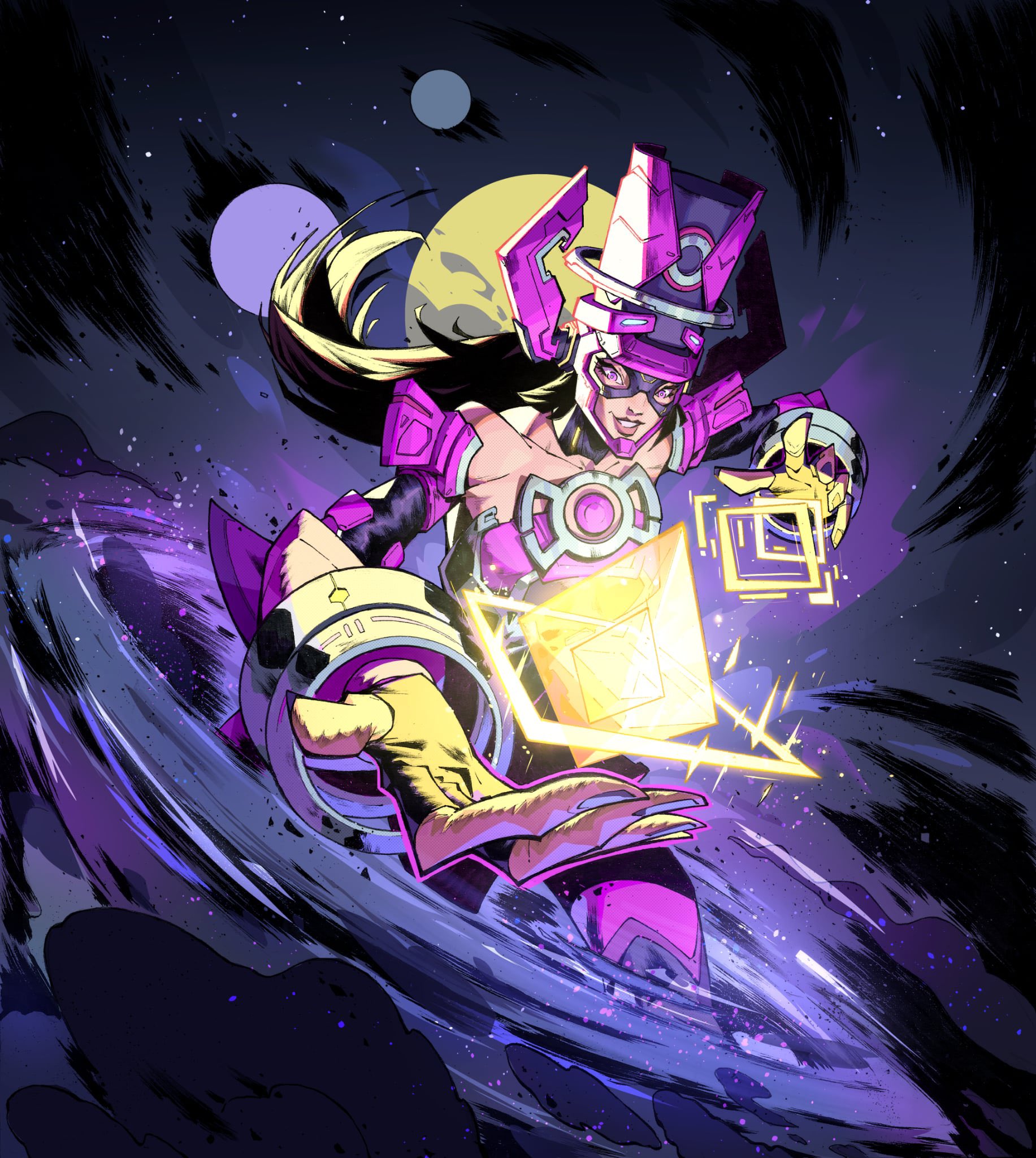 galacta, marvel, marvel snap, highres, official art, 1girl, 2girls, bare shoulders, black hair, blue clouds, crystal, dark background, energy, fingerless gloves, gem, giant, giantess, gloves, helmet, leo chiola, long hair, multicolored helmet, multiple girls, planet, purple eyes, purple helmet, shoulder pads, solo, space, teeth