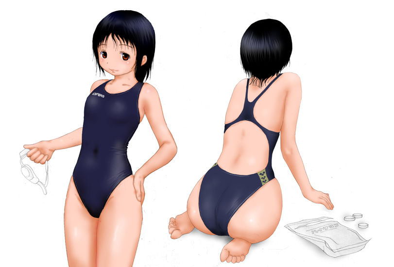 natsu no yudoufu, arena (company), original, 1girl, ass, barefoot, black hair, competition swimsuit, feet, flat chest, goggles, multiple views, one-piece swimsuit, red eyes, short hair, swimsuit
