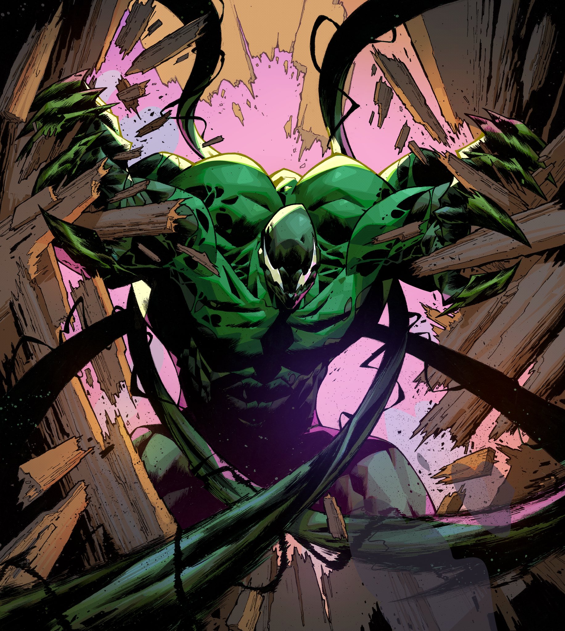 lasher (marvel), marvel, marvel snap, spider-man (series), highres, official art, bodysuit, claws, leo chiola, male focus, monster boy, muscular, muscular male, parasite, sharp teeth, slime boy, splinter, symbiote, tearing up, teeth, tendril, tendrils from back, tentacles, white eyes, wooden wall, wreckage