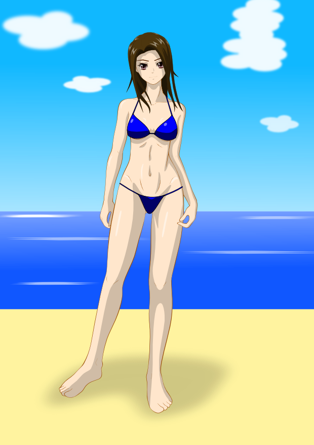 char az (pxvchar), barefoot, beach, bikini, blue bikini, brown eyes, brown hair, feet, long hair, solo, swimsuit