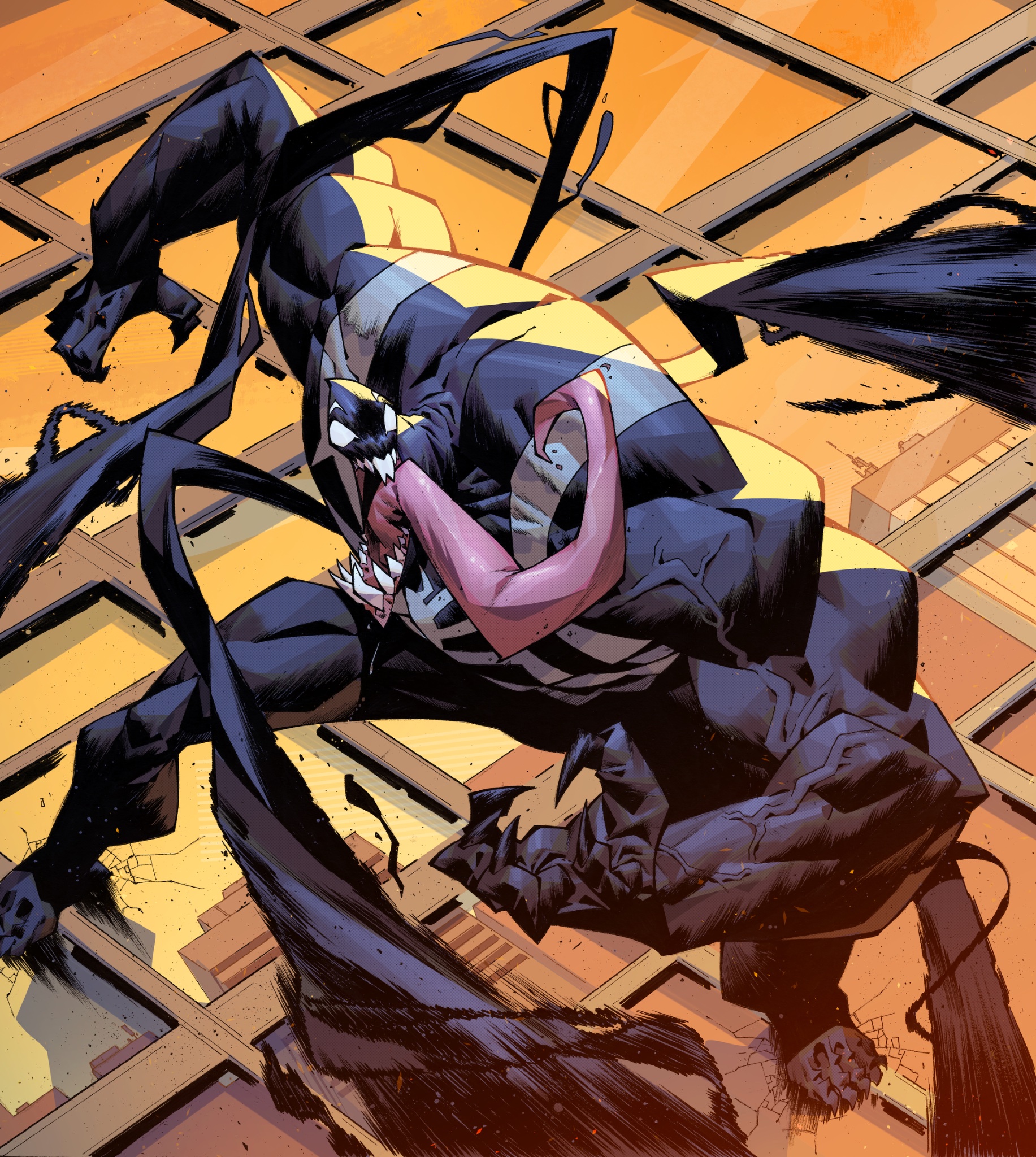 venom (marvel), marvel, marvel snap, spider-man (series), highres, official art, 1boy, animal print, bodysuit, building, city, cityscape, claws, dynamic pose, glass, leo chiola, long tongue, male focus, monster boy, muscular, muscular male, open mouth, parasite, reflection, sharp teeth, skyscraper, slime boy, spider print, spider web print, standing on wall, superhero costume, symbiote, teeth, tendril, tendrils from back, tentacles, tongue, tongue out, very long tongue, white eyes