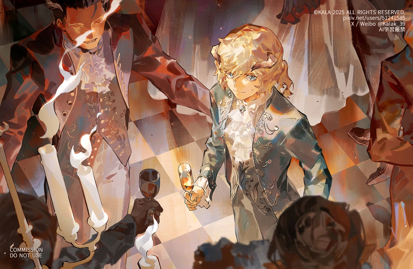 kalak 39, louis (metaphor: refantazio), metaphor: refantazio, commentary request, commission, 2boys, aged down, alternate costume, alternate hairstyle, aqua jacket, aqua pants, aqua vest, ascot, black hair, blonde hair, blue eyes, blurry, brooch, candelabra, candlestand, champagne flute, checkered floor, closed eyes, closed mouth, cup, depth of field, drink, drinking glass, formal clothes, frilled sleeves, frills, grey vest, hair between eyes, hair slicked back, holding, holding cup, horns, indoors, jacket, jewelry, long hair, long sleeves, looking at another, low ponytail, male focus, multiple boys, open clothes, open jacket, open mouth, pants, people, pixiv id, ponytail, red jacket, shirt, short hair, short ponytail, sleeve cuffs, smile, standing, sweat, twitter username, vest, weibo username, white ascot, white pants, white shirt