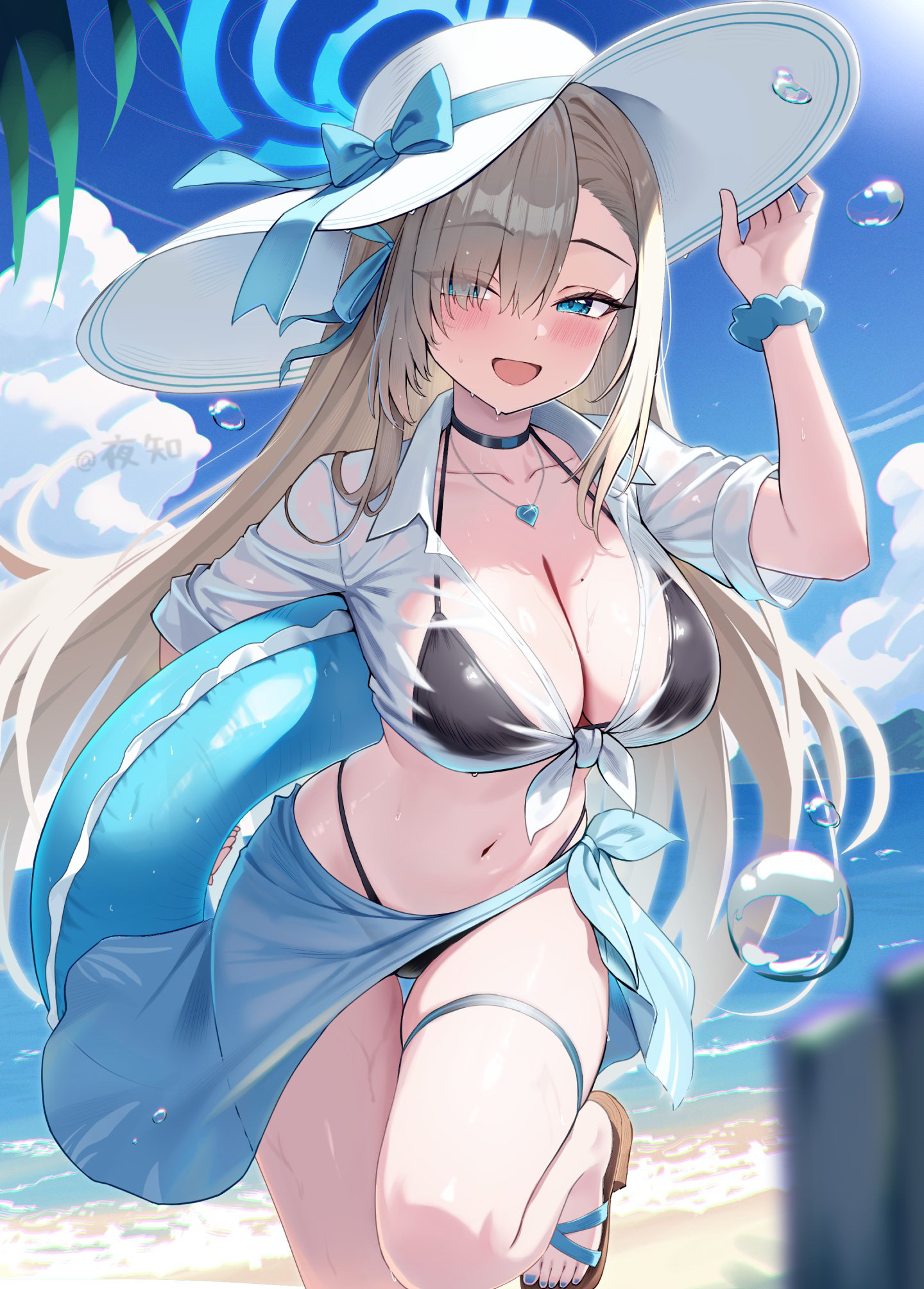 night known, asuna (blue archive), blue archive, highres, paid reward available, 1girl, alternate costume, beach, bikini, bikini under clothes, black bikini, black choker, blonde hair, blue eyes, blue halo, blue innertube, blue nails, blue ribbon, blue sarong, blush, breasts, choker, cleavage, collared shirt, eyes visible through hair, hair over one eye, hair ribbon, halo, hat, large breasts, long hair, looking at viewer, mole, mole on breast, nail polish, navel, ocean, open mouth, outdoors, ribbon, sand, sandals, sarong, scrunchie, see-through clothes, see-through shirt, shirt, solo, standing, standing on one leg, stomach, sun hat, swimsuit, thigh strap, toenail polish, toenails, toes, wet, wet clothes, white hat, white shirt, wrist scrunchie