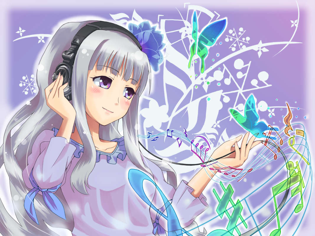 hakkaku shikimi, shijou takane, idolmaster, idolmaster (classic), idolmaster 1, silver hair, jpeg artifacts, non-web source, 00s, 1girl, beamed quavers, bug, butterfly, crotchet rest, grey eyes, headphones, insect, listening to music, long hair, musical note, musical staff, quaver, sharp sign, thighhighs, treble clef
