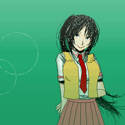 gesunohana, mu-ko, sonozaki mion, higurashi no naku koro ni, lowres, 00s, 1girl, blue eyes, female focus, gradient background, green background, green theme, long hair, necktie, ponytail, red necktie, school uniform, smile, solo